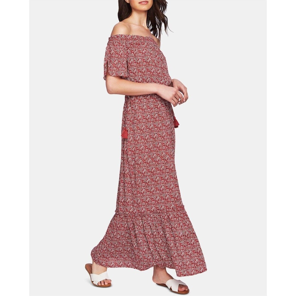 1. STATE Red Ditsy Floral Off-The-Shoulder Maxi Dress